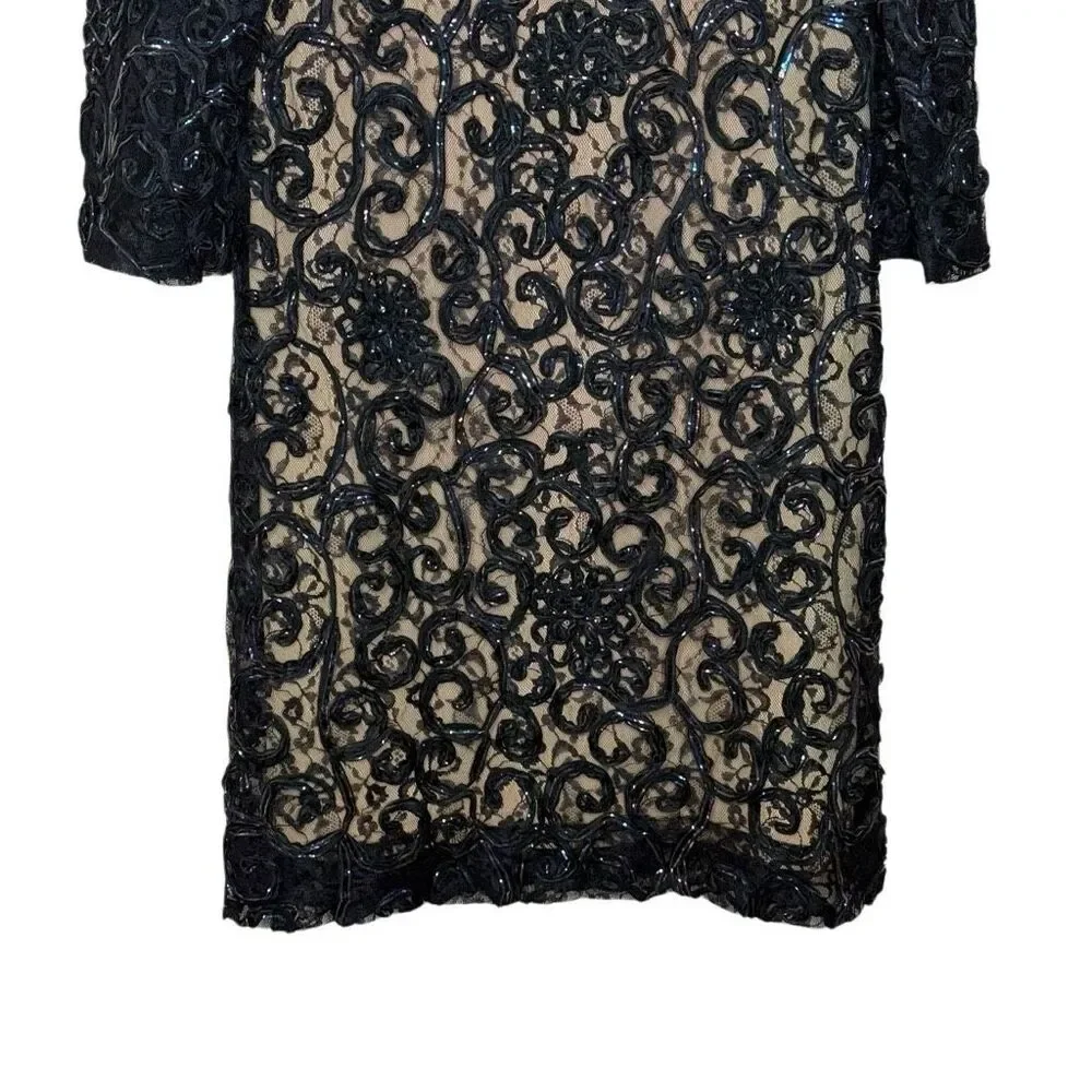 Vintage Joseph Magnin Black Tan 3/4 Sleeve Shift Mini Dress Size 9-10 Lace 60s_4